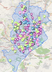 Localização otimizada dos eletropostos em Belo Horizonte para 2026, obtida por meio de Algoritmo Genético. Cada marcador representa um ponto de interesse priorizado para instalação, priorizando regiões com maior demanda potencial e maior renda domiciliar média.